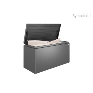 Biohort LoungeBox 200 grigio scuro metallizzato, aperta con cuscini. Box universale in alluminio impermeabile per giardino.