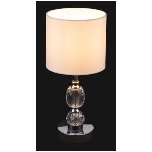 Élégante lampe de table Globo avec abat-jour en textile blanc et base en verre cristal, détails chromés, hauteur 47 cm.