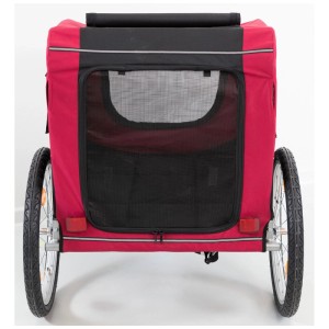 Rimorchio bici per cani Trixie nero-rosso, vista posteriore con finestra a rete e ruote.