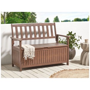 Banc de jardin Sovana marron foncé en acacia avec espace de rangement sous l'assise.