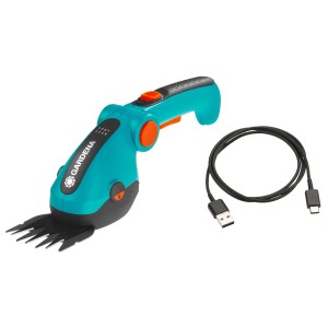 Cisailles à gazon sans fil Gardena ComfortCut Li avec câble USB-C, bleu/noir. Idéal pour les bordures de pelouse.