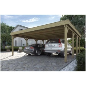 Doppio carport Weka 609 in legno impregnato in autoclave con tetto in lamiera trapezoidale d'acciaio per due auto.