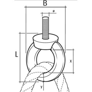 Technische Zeichnung der Conacord Ringschraube aus Stahl (8x36mm) mit Gewinde, Ring und Seil. Für Befestigungen.