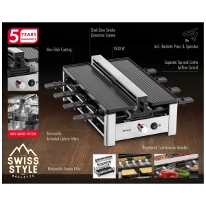 Trisa Raclette Pure Melt per 8 persone con aspirazione fumo, piastre grill e accessori.