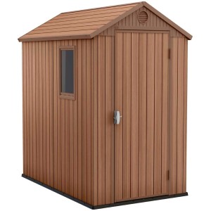 Abri de jardin en plastique Darwin 64 aspect bois avec fenêtre et porte.
