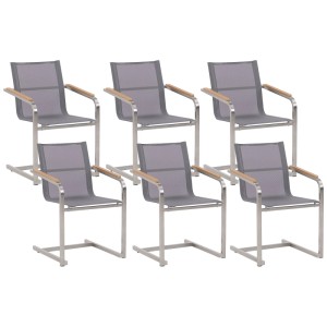 Set di sedie da giardino Beliani Cosoleto, 6 sedie a sbalzo grigie in acciaio inox con braccioli in legno.