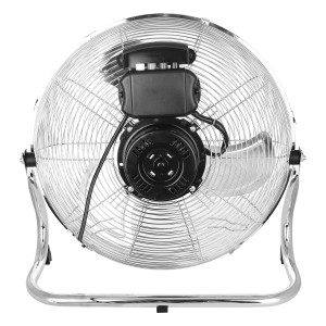 Ventilateur de sol Emerio, ventilateur argenté avec boîtier en métal et moteur noir.