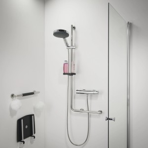 Barre d'appui Tiger Boston 90° avec support de douche gauche, poli, pour plus de sécurité dans la salle de bain.