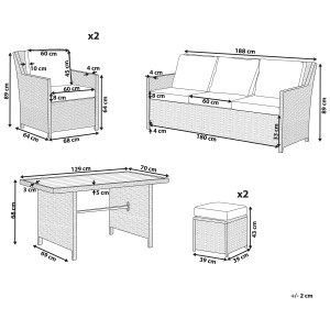 Beliani Salon de jardin Fonti, 5 places, rotin marron avec coussins blancs, dimensions