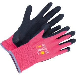 Kinderhandschuhe mit Naturlatex-Teilbeschichtung, Größe 4, sortiert in Pink und Schwarz. Gartenbekleidung für Kinder.