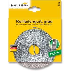 Sangle de volet roulant Schellenberg Mini, largeur 14 mm, longueur 12 m, grise, enroulée dans un emballage jaune.