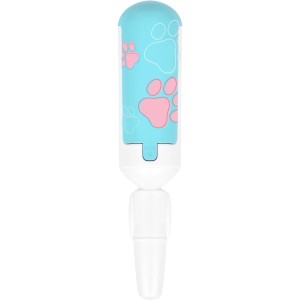 Spazzola per peli di animali Velvet Brush bianca con dettagli azzurri e motivo a zampa rosa.