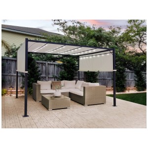 Pergola Beliani Parga beige con illuminazione LED e struttura in acciaio su patio.
