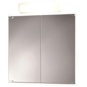 Armoire de toilette à miroir LED Jokey Kandi, blanche, avec deux portes miroir et éclairage LED supérieur.