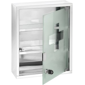 Meuble haut de salle de bain Wenko ouvert, couleur aluminium, avec porte en verre et étagères.