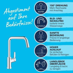 Miscelatore lavello Grohe QuickFix Start con bocca a U, finitura cromata e vantaggi del prodotto.