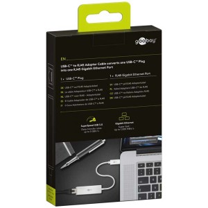 Emballage de l'adaptateur réseau USB-C™ vers RJ45 blanc de Goobay. Adaptateur pour câbles audio et vidéo.