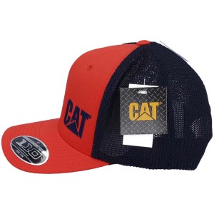 Casquette trucker Cat orange vêtement de travail avec dos en maille et logo bleu.
