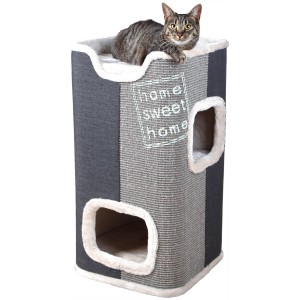 Arbre à chat Trixie Cat Tower Jorge, anthracite, gris clair, gris, avec chat au sommet.