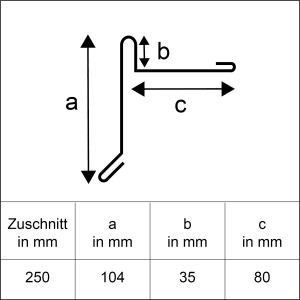 Schizzo di una lamiera di bordo in alluminio con gocciolatoio, taglio 250x2000mm, dimensioni dettagliate a, b, c.
