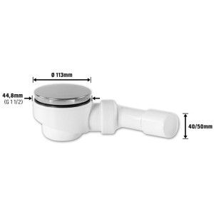 Garniture de vidange blanche pour receveur de douche, Ø 44,8 mm, avec couvercle chromé.