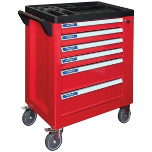 Chariot à outils rouge Arwin avec un jeu de 250 outils et 6 tiroirs.