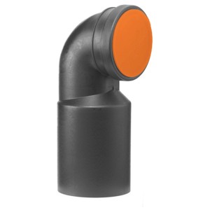 Curva scarico WC a parete, 90 mm, angolo 90°, polietilene, con tappo protettivo arancione.