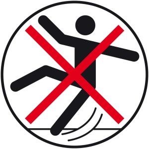 Symbol: Rutschgefahr. Roter Kreis mit durchgestrichener, stürzender Person. Badewanneneinlage für mehr Sicherheit.