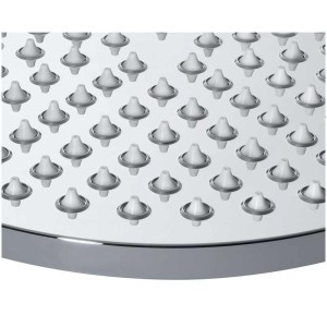 Dettaglio del soffione doccia cromato Diaqua Runda, Ø 25 cm, con funzione getto a pioggia.