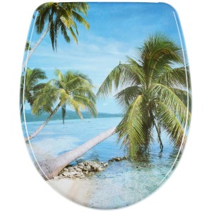 Sedile WC Diaqua Palm Duroplast, multicolore con palme e chiusura rallentata.
