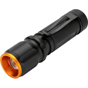 Lampe de poche LED noire avec clip et bord orange.