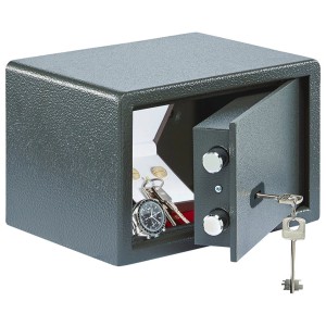 Cassaforte per mobili Burg-Wächter PS 110 K in acciaio, 18x28x20 cm, con porta aperta e contenuto.