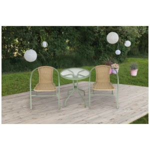 Set bistro Greemotion Retro, 3 pezzi, verde-beige, con tavolo e due sedie in polyrattan per balcone o terrazzo.