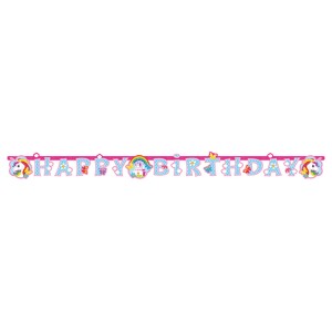 Girlande Happy Birthday Einhorn, 180 cm, für Kindergeburtstage und Partys.
