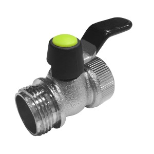 Vanne à boisseau sphérique Gartec Aquajet 3/4 pouce, laiton chromé avec poignée noire et bouton vert.