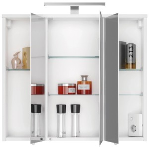 Armoire de toilette à miroir LED Jokey Arda, blanche, avec trois portes miroir, lumière LED et prise.
