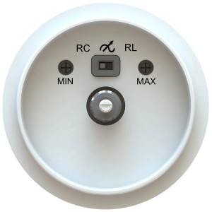 Dettaglio: dimmer rotativo LED MaxOne, bianco, con impostazioni per luminosità min/max.