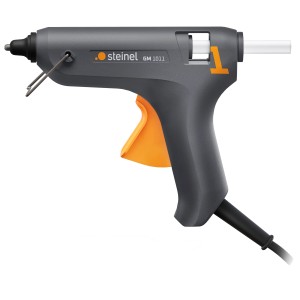 Pistolet à colle chaude Steinel Gluematic 1011, gris avec gâchette orange et bâton de colle.
