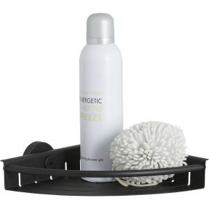 Étagère d'angle de douche Tiger Boston, acier inoxydable noir, avec gel douche et éponge.