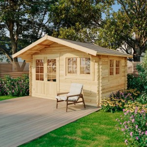 Casetta da giardino in legno Gabriel-34, 428x367 cm, finitura naturale con doppia porta e finestre.