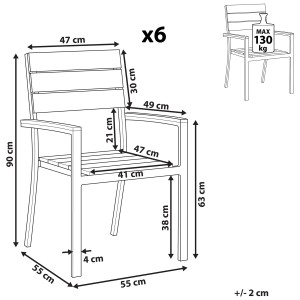 Schizzo: Sedia da giardino Beliani Como, set da 6, grigia, con dimensioni. Ideale per giardino e patio.