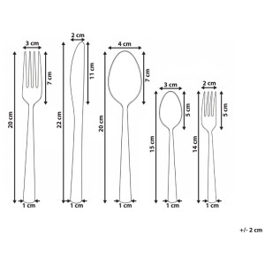 Aperçu des dimensions de la ménagère en acier inoxydable argenté: fourchette, couteau, cuillère, cuillère à café, fourchette à dessert en cm.