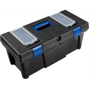 Boîte à outils LUX noire avec poignée bleue et compartiments de rangement transparents dans le couvercle.