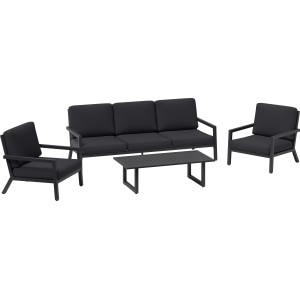 Ensemble lounge Springtown noir 4 pièces en aluminium avec coussins gris foncé.