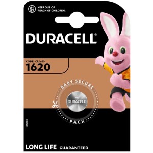 Pila a bottone al litio Duracell CR1620 in confezione a prova di bambino.