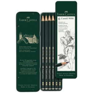 Faber-Castell Bleistifte Castell 9000, 6er-Set im Metalletui mit verschiedenen Härtegraden.