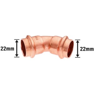 Raccordo a pressare in rame, curva a 45 gradi, diametro 22 mm per installazioni di tubi in rame.