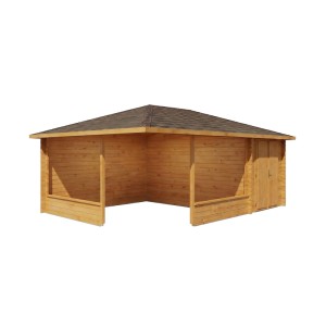 Imprägnierte 5-Eck Gartenlaube Maik-40 Natur, 600x425 cm mit Anbau und Holzdach.