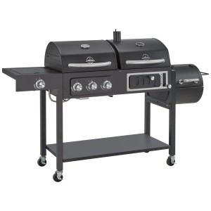 Barbecue combiné noir Jamestown Dean avec fonctions gaz, charbon et fumoir, plus brûleur latéral.