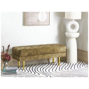 Banquette Roseville en velours vert olive avec capitonnage et pieds dorés.